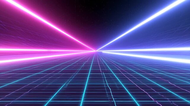 Cinematic retro-futuristic neon grid glowing in pink, blue, and purple, infinite wireframe horizon with vibrant light streaks racing forward, surreal cyber sci-fi landscape full of speed and energy.