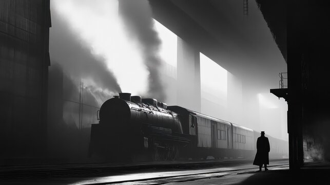 Atmospheric black and white image of a steam train and a solitary figure in silhouette - Powered by Adobe