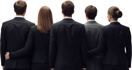 Five people in formal black and grey suits stand together backs turned one person with arm around another