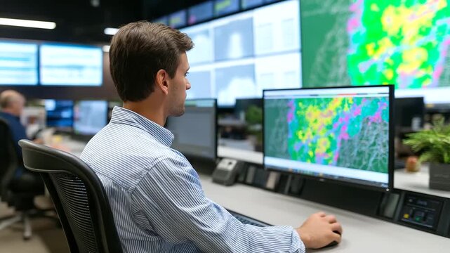 Modern smart grid control center with multiple display screens showing real time energy distribution maps operators monitoring power flow and grid stability from high tech