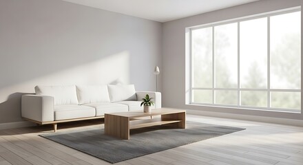Fototapeta premium Modern Minimalist Living Room with White Sofa and Large Window Bright Natural Light