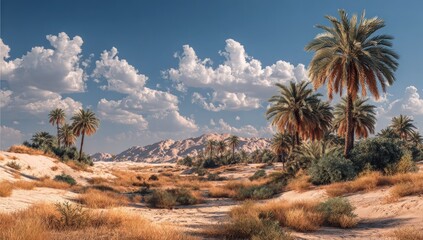 Wide desert vista with palm trees, dry grasses, distant hills, and a cloudy blue sky