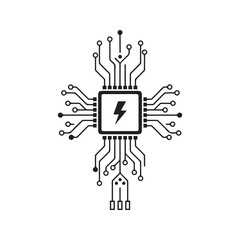 Futuristic CPU with lightning bolt icon. Abstract technology vector illustration of a microchip and circuit board. Black line art symbol for power, energy, and electronics, isolated on white backgroun