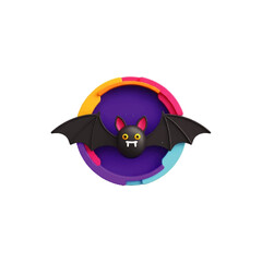 A cheerful cartoon bat soars playfully within a vibrant circular frame against a white background.