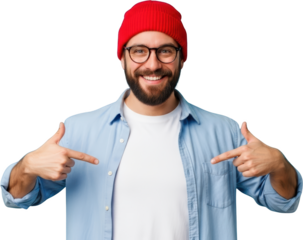 Smiling man wearing glasses and a red beanie pointing with both index fingers at himself