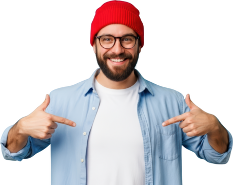 Smiling man wearing glasses and a red beanie pointing with both index fingers at himself