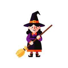 A friendly young witch smiles cheerfully, holding her broomstick against a white background, conveying a playful Halloween spirit.