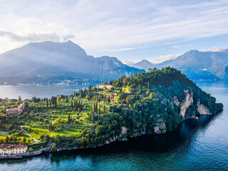 Aerial landscape of Bellagio villa and Lago di Como Lake in Italian Alps fall in Lombardy