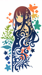 物思いにふける女性、イラスト、パッチワーク