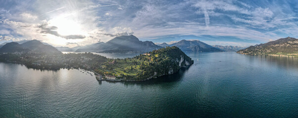 Aerial landscape of Bellagio villa and Lago di Como Lake in Italian Alps fall in Lombardy