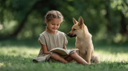 little girl sits in green lush garden reading interesting book to her playful puppy