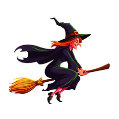A mischievous witch with fiery red hair gleefully flies on her broomstick against a white background, embodying Halloween's playful spirit.
