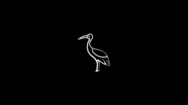 Stylized outline of a stork or heron bird with metallic silver sheen on a black background silhouette