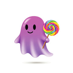 A friendly purple ghost playfully holds a rainbow swirl lollipop against a white background, exuding a cheerful Halloween vibe.