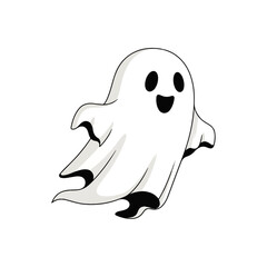 A friendly cartoon ghost merrily floats against a white background, embodying playful Halloween spirit.
