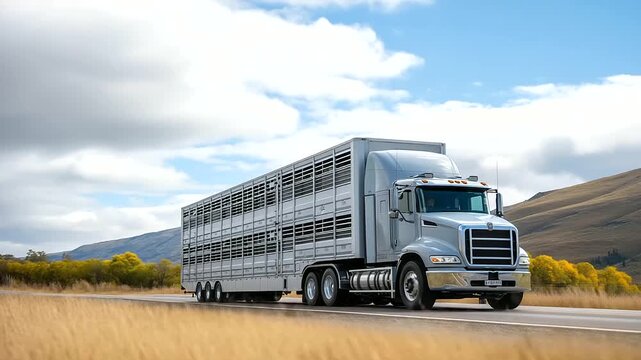 Livestock transport trailer with proper ventilation and animal welfare monitoring systems traveling through agricultural landscape demonstrating specialized agricultural logistics