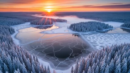 Stunning aerial view of frozen lake with cracked ice patterns, snowy pine forest, glowing sunrise, winter landscape, serene and frosty natural scenery - Powered by Adobe