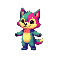 A cheerful, vibrant cartoon wolf pup stands with outstretched paws against a white background, embodying playful energy.