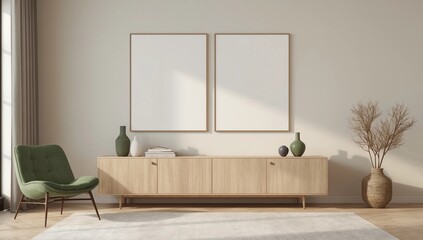 Light living room interior with drawer and decoration, mock up posters