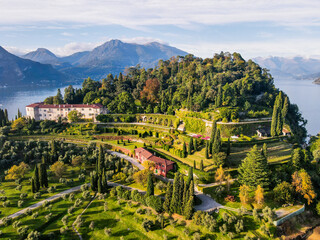 Aerial landscape of Bellagio villa and Lago di Como Lake in Italian Alps fall in Lombardy