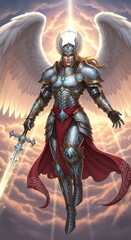 A celestial warrior, adorned in gleaming armor, soars through a radiant sky, wielding a magnificent sword, exuding strength and grace.