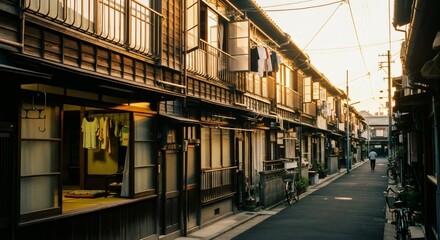Fototapeta premium Nostalgic 80s-90s vhs style image of traditional Japanese alley at dusk. Melancholic urban scene with warm glowing lanterns. Retro street photography for vintage travel poster
