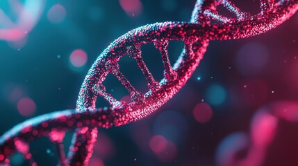A vibrant, abstract representation of a DNA double helix, showcasing intricate details and luminous particles in shades of blue and pink.
