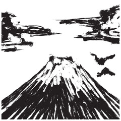 山・雲・鳥が描かれている筆墨画