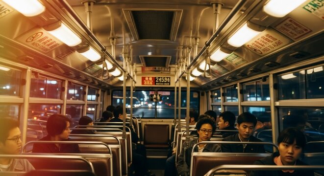 Nostalgic 80s-90s subway car interior with passengers at night. Melancholic urban public transportation scene. Retro vhs style image for vintage mood board - Powered by Adobe