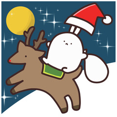 トナカイに乗っているサンタの格好をしたウサギ　背景あり