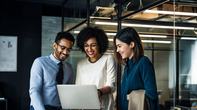 three of diverse colleagues collaborating on laptop near office framework structure, discussing ideas and smiling, modern workplace environment with glass and metal elements, teamwork and innovation c