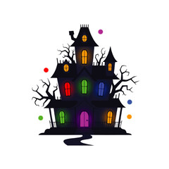 A whimsical haunted house glows with colorful lights against a stark white background, creating a playfully spooky Halloween scene.