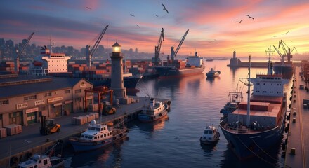 Nostalgic 80s-90s vhs style harbor at sunset with ships, cranes, and seagulls. Melancholic industrial seaport scene. Retro port cityscape for vintage postcard or film backdrop
