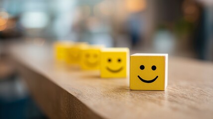 Yellow wooden cubes with happy faces symbolizing happiness and pleasure from achieving the goals