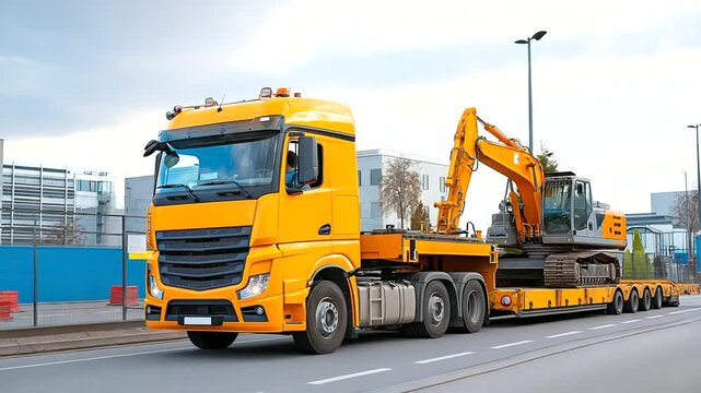 Heavy machinery transport truck carrying excavator equipment on specialized flatbed trailer navigating construction zone with pilot vehicles and safety protocols in place heavy