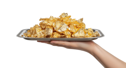 presenting a fortune a hand offers a tray of gleaming gold leaf, isolated on transparent background