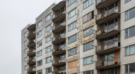 Retro apartment building with balconies. Urban residential architecture. Melancholic 80s-90s vhs aesthetic. Nostalgic cityscape view with copy space for real estate concept