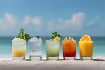 stunning display of top  famous cocktails arranged beautifully on sandy beach with backdrop of sparkling pool or
