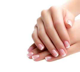 Elegant woman's hands showcasing a clean and perfectly applied French manicure, highlighting beauty and meticulous nail care. isolated on a transparent background