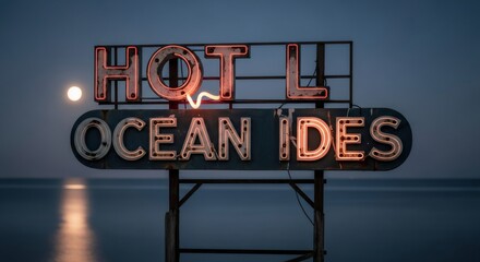 Vintage neon hotel sign illuminated at night with ocean and full moon. Retro 80s-90s style beach motel signage. Nostalgic coastal vibe for travel poster or postcard design.