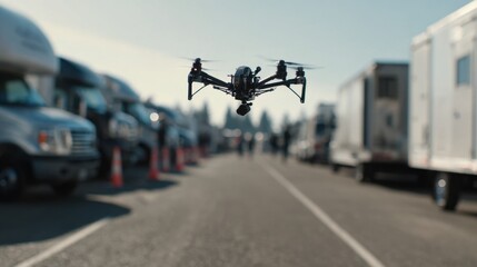 Medium shot of an aerial drone navigating through rows of vehicles during an audit highlighting seamless data collection with the drone in sharp focus and blurred surroundings.