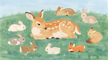 Naklejka premium Gentle Watercolor Wildlife with Nursery Theme, Delicate and Artistic Composition for Children's Decor