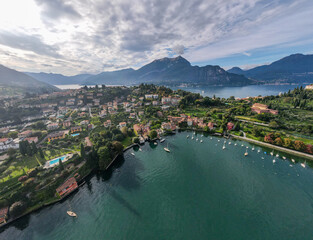 Aerial landscape of Bellagio villa and Lago di Como Lake in Italian Alps fall in Lombardy