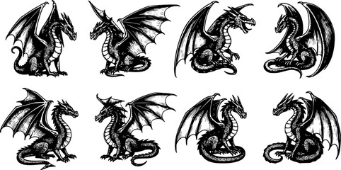 Set of vector dragon silhouettes on white background mythical creature collection. tattoo