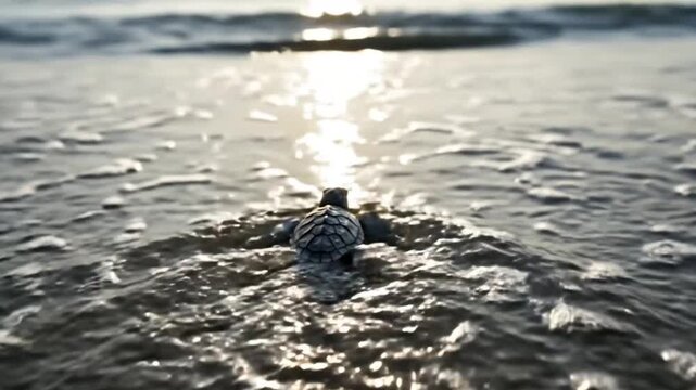 Baby caretta caretta running towards the ocean