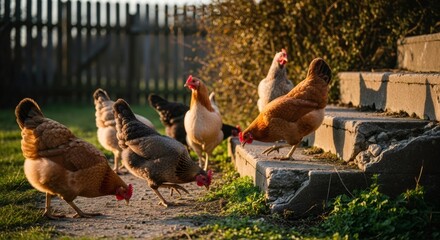 Flock of chickens and roosters in backyard farm at sunset. Rural poultry scene with hens foraging. Nostalgic 80s-90s vhs style. Melancholic countryside vibe.