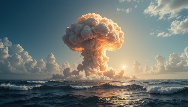 Dramatic ocean scene with ominous mushroom cloud rising on the horizon, perfect for impactful visual storytelling - Powered by Adobe