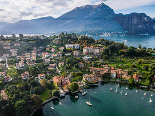 Aerial landscape of Bellagio villa and Lago di Como Lake in Italian Alps fall in Lombardy