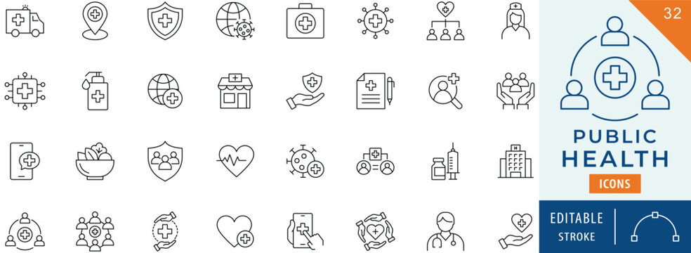 Public health icon collection set. Editable stroke.