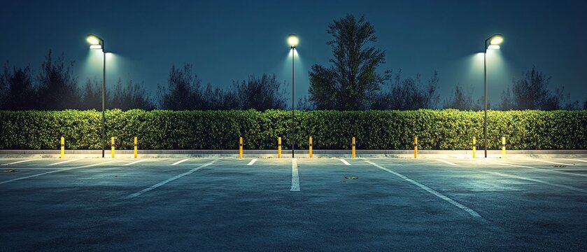 Empty night parking lot, lit, hedge backdrop